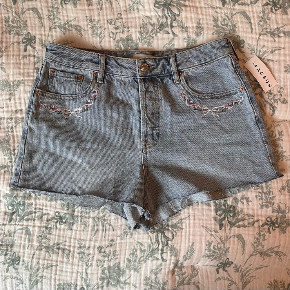 PacSun Light Blue Denim Shorts with Pink & White Embroidery
